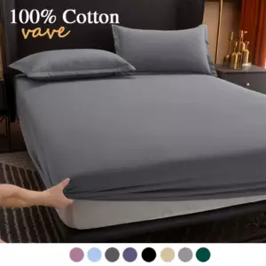 100% Cotton Fitted Bed Sheet with Elastic Band Solid Color Anti-slip Adjustable Mattress Cover for Single Double King Queen Bed