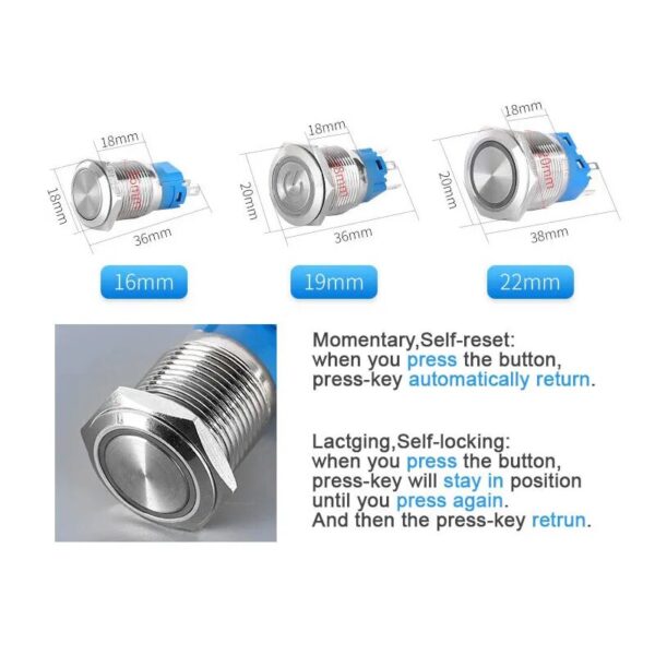 12mm 16mm 19mm 22mm metal push button on off switch power LED light Waterproof Flat circular button 3v 6v 12v 24v 110v 220v ip65 - Image 5
