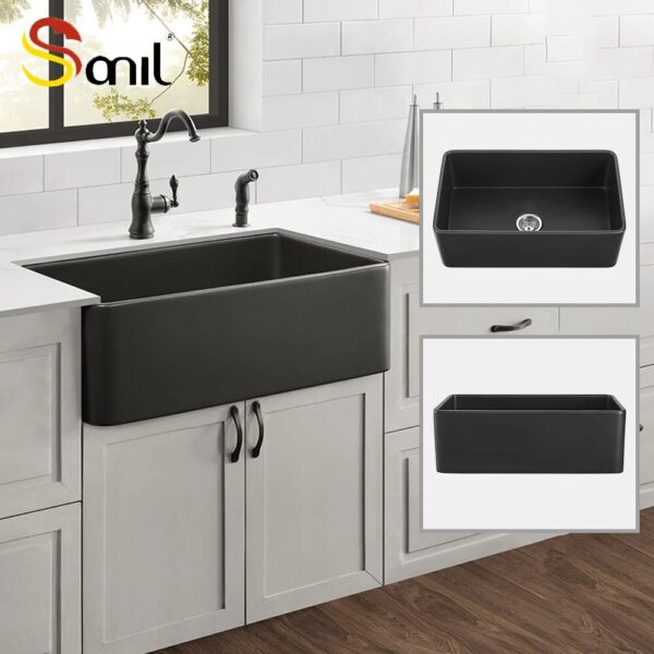 30"L X 18" W Black Matte Apron Front Fireclay Kitchen Sinks Farmhouse Style Single Bowl Kitchen Sinks farm house sink - Image 2