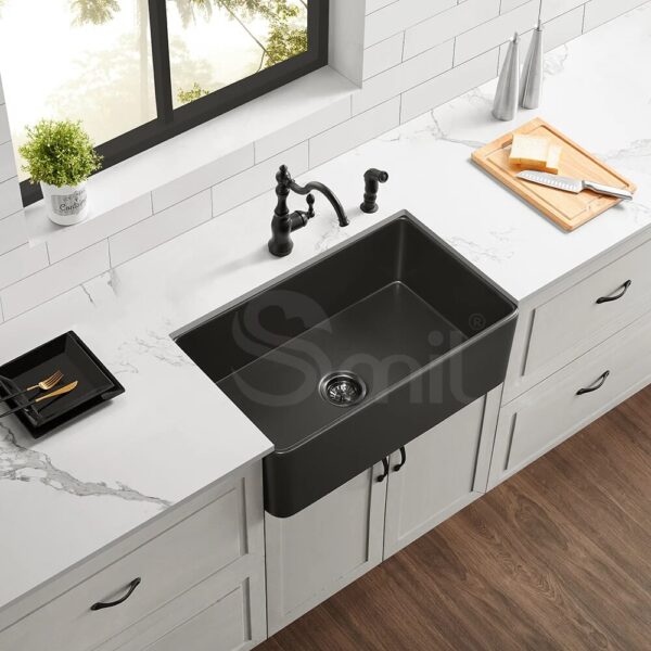 30"L X 18" W Black Matte Apron Front Fireclay Kitchen Sinks Farmhouse Style Single Bowl Kitchen Sinks farm house sink