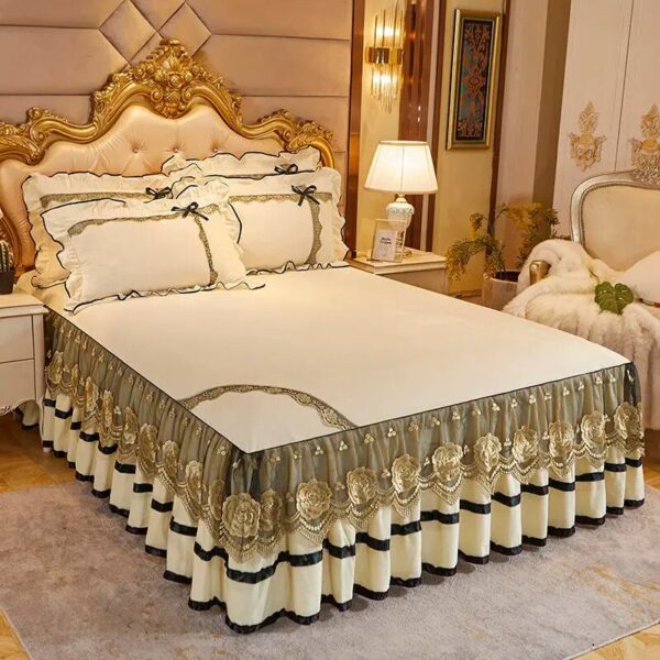 Beige Thicken Crystal Velvet Lace Embroidered Bed Skirt Bedspread Pillowcases Soft Thicken Queen King Mattress Cover Set - Image 2