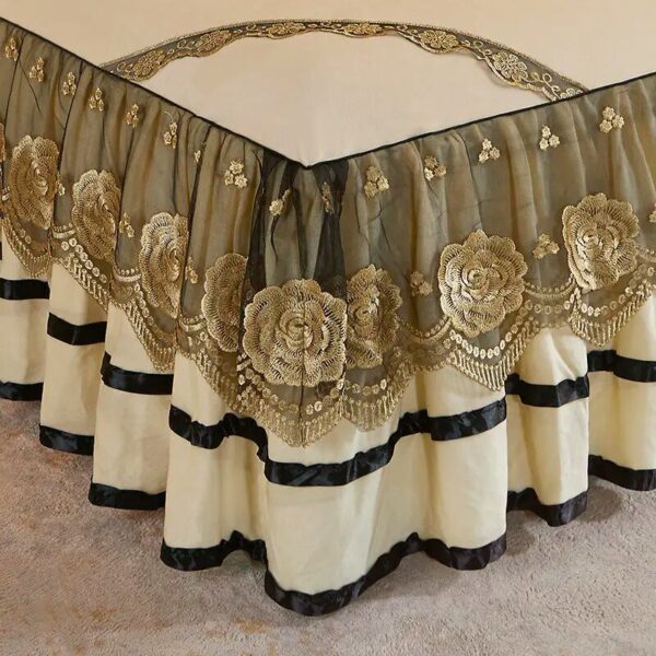 Beige Thicken Crystal Velvet Lace Embroidered Bed Skirt Bedspread Pillowcases Soft Thicken Queen King Mattress Cover Set - Image 3