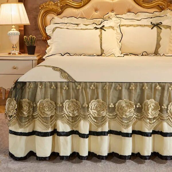 Beige Thicken Crystal Velvet Lace Embroidered Bed Skirt Bedspread Pillowcases Soft Thicken Queen King Mattress Cover Set - Image 4