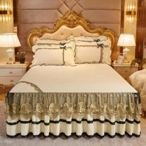 Beige Thicken Crystal Velvet Lace Embroidered Bed Skirt Bedspread Pillowcases Soft Thicken Queen King Mattress Cover Set