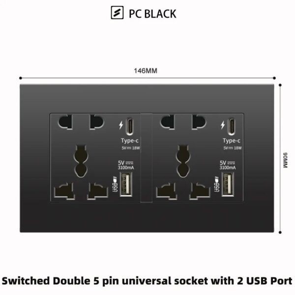 Black Project Use PC Modular UK Standard Single Twin Socket with USB 3.1A Fast Charge Type C USB - Image 4