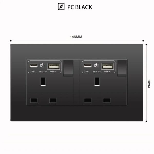 Black Project Use PC Modular UK Standard Single Twin Socket with USB 3.1A Fast Charge Type C USB - Image 5