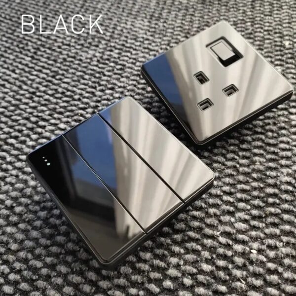 CE Certified Black Glass Electrical Wall Switches Dimmer Curtain Fan Speed Doorbell Fuse Air Condition Water Heater Switch UK