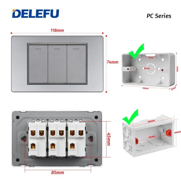Delefu 1/2/3gang1way 2way Black PC Panel Brazil USA Italy Mexico 250V 16A Standard 118*74mm light Wall Switch On Off Push Button - Image 3