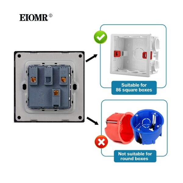 EIOMR EU UK Standard Wall Light Switch 2 Gang 1/2 Way Bedside Switch 16A 250V 86mm*86mm Simple Style Large Panel Rocker Switch - Image 6