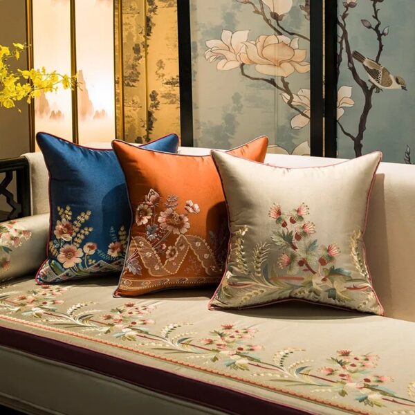 Embroidered Flowers Cushion Cover New Chinese Style Plant Waist Pillow Cases High-grade Solid Pillowcase Sofa Car Decor