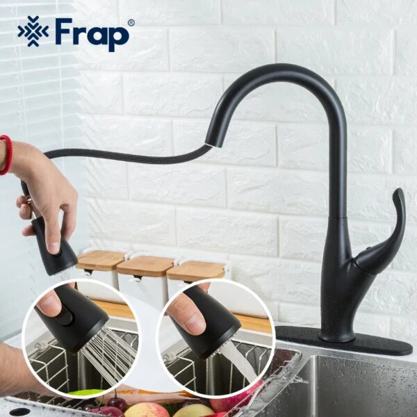 Frap Black Kitchen Faucet Cold Hot Water Mixer Crane Tap Sprayer Stream Rotation Sink Tapware Wash For Kitchen Pull Out
