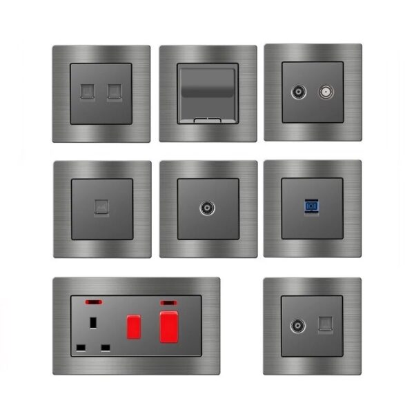 Grey Metal Aluminum Alloy TV Computer CAT6 TEL Fiber Cooker Unit Shaver Wall Socket UK British Standard