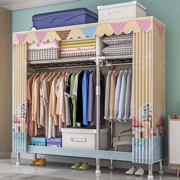 Home Rental Room Bedroom Assembly Hanging Clothes Storage Finishing Steel Frame Bold Simple Oxford Cloth Wardrobe - Image 3