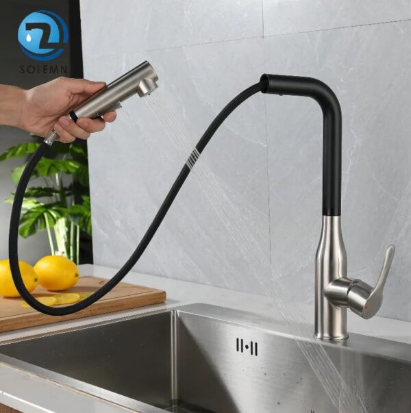 Kitchen Mixer Sink Faucet Stainless Steel Material Black / Grey Color Cold & Hot Water Pull Out Hosing Single Handle - Image 3