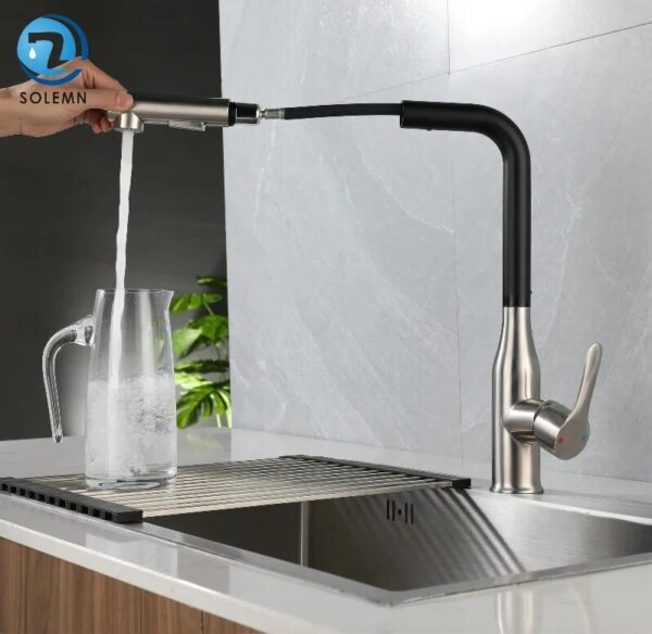 Kitchen Mixer Sink Faucet Stainless Steel Material Black / Grey Color Cold & Hot Water Pull Out Hosing Single Handle - Image 4