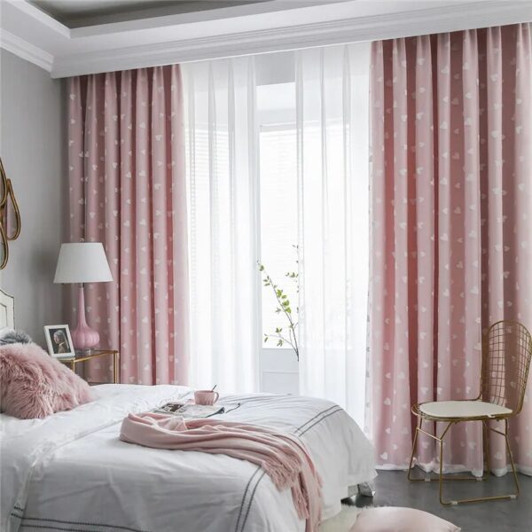Korean Style Pink Double 80% Blackout Curtains For Girl Room Children Room White Love Embroidery Princess Tulle Curtain Custom - Image 2