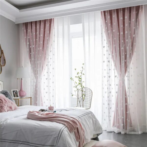 Korean Style Pink Double 80% Blackout Curtains For Girl Room Children Room White Love Embroidery Princess Tulle Curtain Custom - Image 3