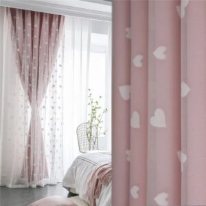Korean Style Pink Double 80% Blackout Curtains For Girl Room Children Room White Love Embroidery Princess Tulle Curtain Custom