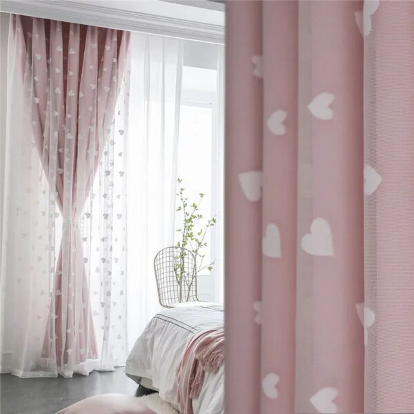Korean Style Pink Double 80% Blackout Curtains For Girl Room Children Room White Love Embroidery Princess Tulle Curtain Custom