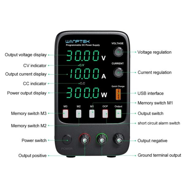 Laboratory switching DC power supply 30V 10A adjustable power supply with 4-digit LED display Encoder knob/one button output - Image 4