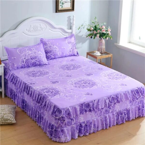 Lace Trim Trilateral Heightening Bed Skirt Pillowcase Three-piece Set Anti-slip Mattress Cover Soft Comfortable Cotton Double - Image 2