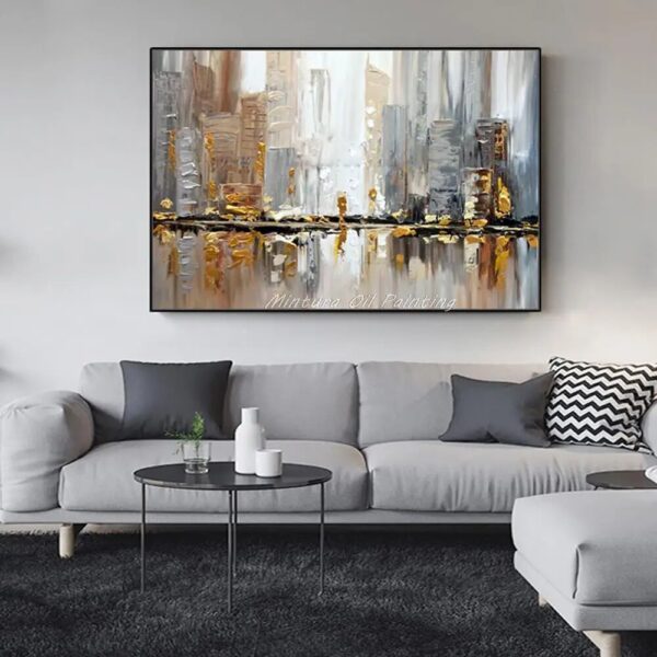 Mintura,Hand-Painted Abstract City Oil Painting on Canvas,Morden Building Landscape Wall Art Pictures for Living Room Home Decor - Image 4