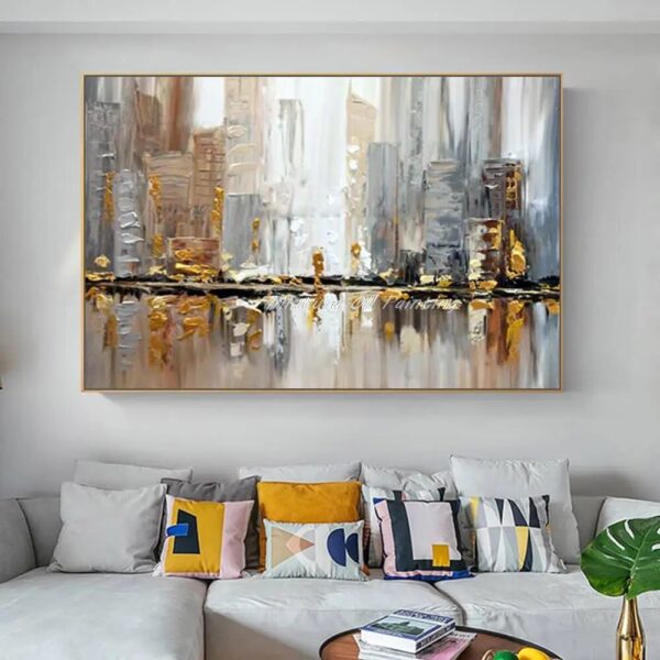 Mintura,Hand-Painted Abstract City Oil Painting on Canvas,Morden Building Landscape Wall Art Pictures for Living Room Home Decor