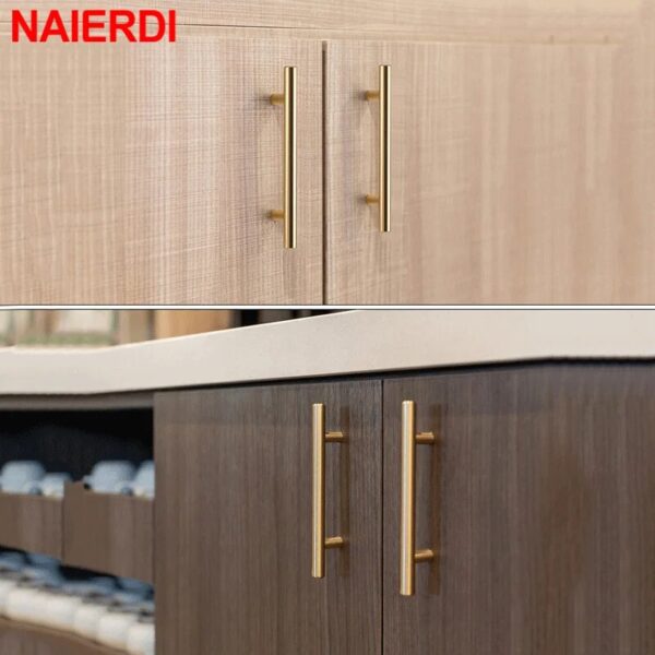 NAIERDI 20PCS Black Furniture Handle Stainless Steel T Bar Brushed Gold Kitchen Handle Cabinet Pull with Cuttable Bamboo Screw - Image 6