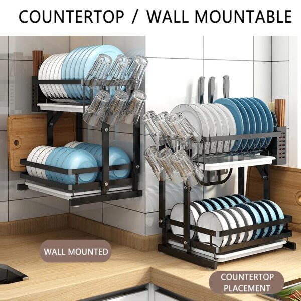 New 2 Tier Stainless Steel Dish Racks With Drainage Wine Glass Holder And Extra Drying Mat Dish Drainers For Kitchen Counter - Image 3