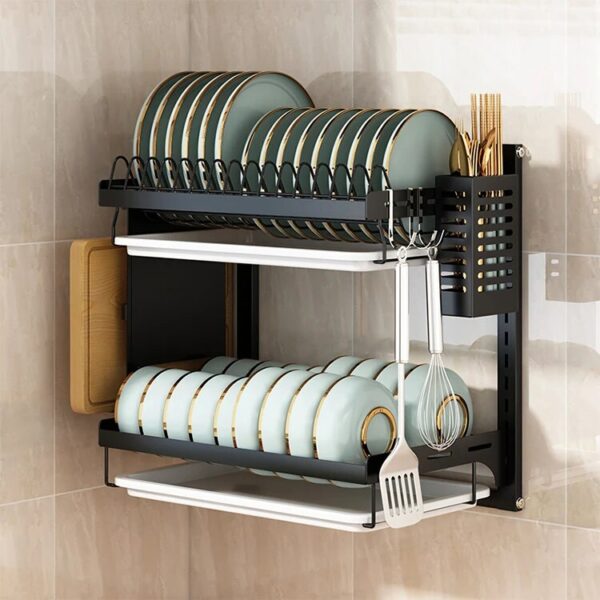 New Dish Racks Hanging Sink 2 Tier With Tray Bowl Wall Mounted Kitchen Over The Sink Dish Rack - Image 4