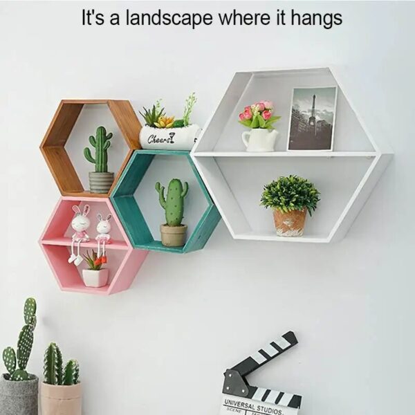 Nordic Style Wooden Decor Wall Mount Hexagonal Frame Books Toys Flower Pot Storage Shelf Holder Figurines Display Crafts Shelves - Image 3