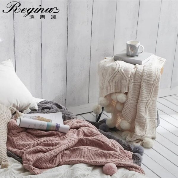 REGINA Chenille Plaid Throw Blanket Pink Ivory Gray Pompom Knitted Gift Bedspread Super Soft Bed Sofa Cozy Chunky Knit Blankets - Image 2