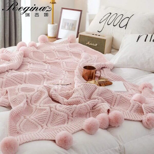 REGINA Chenille Plaid Throw Blanket Pink Ivory Gray Pompom Knitted Gift Bedspread Super Soft Bed Sofa Cozy Chunky Knit Blankets