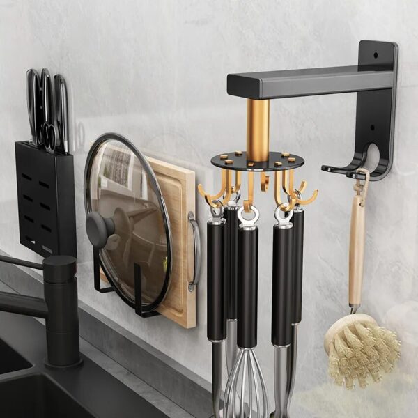 Rotating Kichen Hanger with Hook Kitchenware Utensil Hanging 360°Swivel Holder Spatula Skimmer Cutting Board Rags Rotating Shelf - Image 2