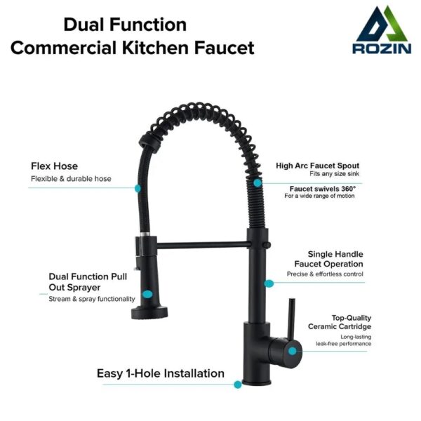 Rozin Matte Black Kitchen Faucet Deck Mounted Mixer Tap 360 Degree Rotation Stream Sprayer Nozzle Kitchen Sink Hot Cold Taps - Image 3