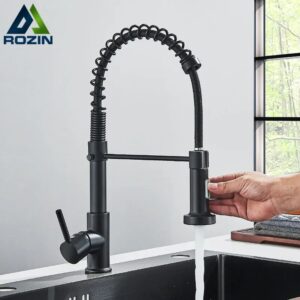 Rozin Matte Black Kitchen Faucet Deck Mounted Mixer Tap 360 Degree Rotation Stream Sprayer Nozzle Kitchen Sink Hot Cold Taps