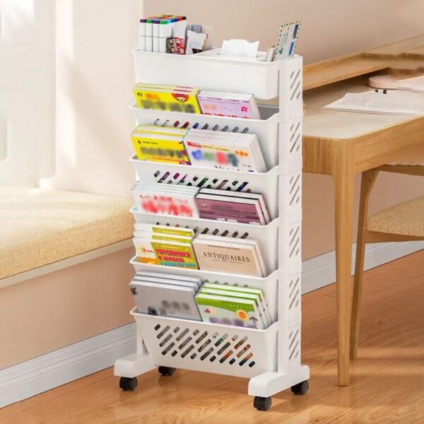Simple Movable Book Shelf on Wheels 5/6 Layers Bookshelf Movable Floor Small Cart Book Storage Shelf Pen Holder Office Supplies - Image 2
