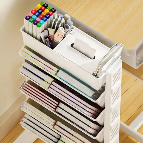 Simple Movable Book Shelf on Wheels 5/6 Layers Bookshelf Movable Floor Small Cart Book Storage Shelf Pen Holder Office Supplies - Image 5