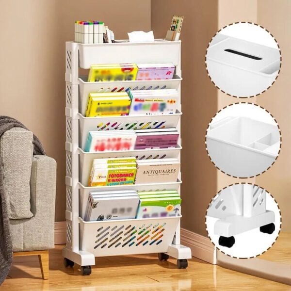Simple Movable Book Shelf on Wheels 5/6 Layers Bookshelf Movable Floor Small Cart Book Storage Shelf Pen Holder Office Supplies - Image 3