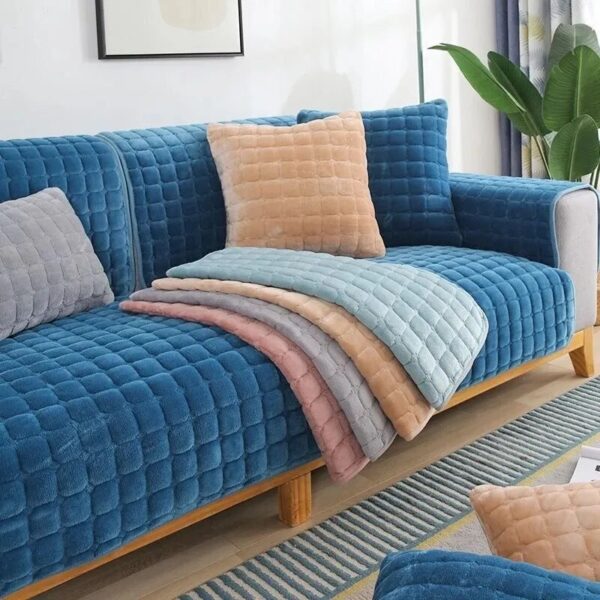 Velvet Sofa Cover Universal Plaid Plush Non-Slip Thickened Living Room Sofa Cover Warm Flannel Sofa Cushion Armrest Back Towel - Image 3